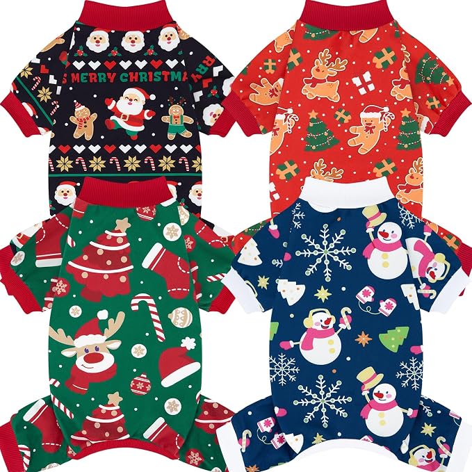 XPUDAC 4 Pack Christmas Dog Pajamas Comfy Dog Clothes for Medium Large Dogs Girl Boy Holiday Pet Outfit Winter Puppy Jumpsuits Pet Pjs Apparel, 3XL