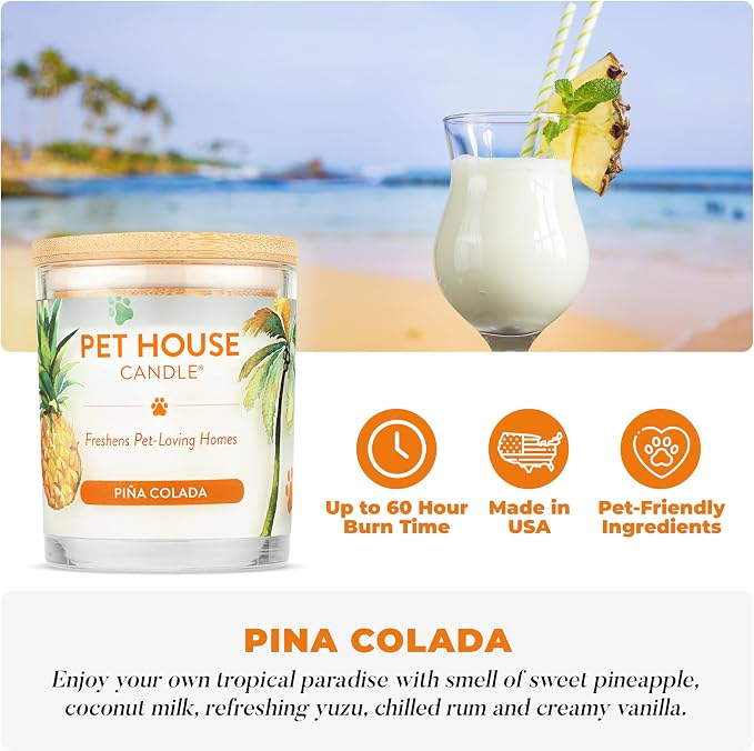 Pet House Candles, Long Lasting, Air Freshening, Scented Candles for Pet Odor, 60 Hour Burn Time - Pina Colada and Juicy Melon, 9 oz, 2 Pack