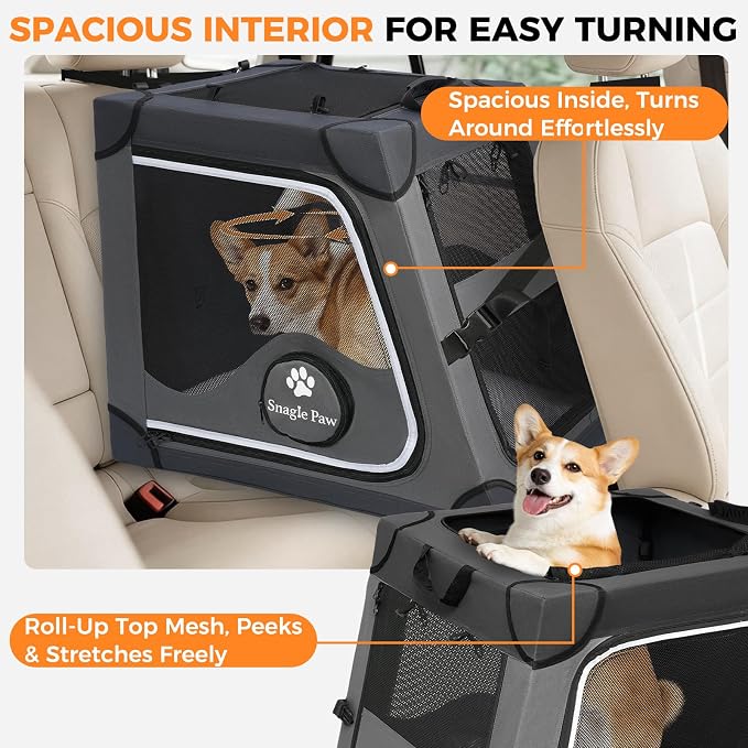 Snagle Paw Portable Dog Crate for Car Travel,Metal Frame Pet Crate,Pet Carrier for Car Back Seat Secures with Headrest Strap and Seatbelt,M,Gray