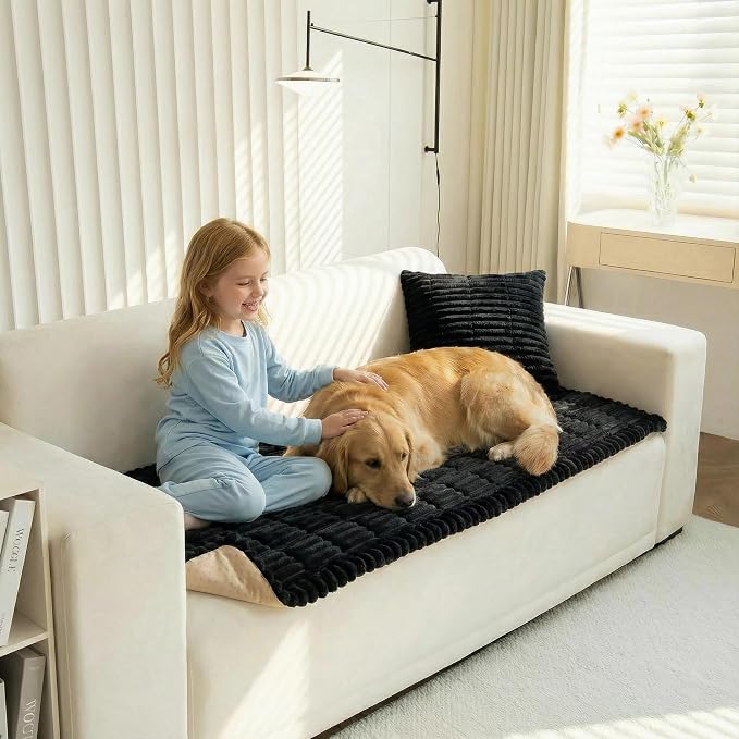 Non-Slip Sectional Couch Covers, Washable Pet Friendly Furniture Protector for Dogs Cats, Soft Thick Slipcover for L-Shaped Sofa (Sold by Piece, Not Set) (Black, 27.6"x27.6")