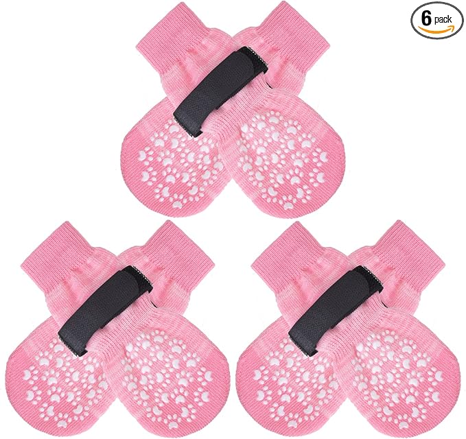 EXPAWLORER Double Side Anti-Slip Dog Socks with Adjustable Straps-Strong Grips Traction Control for Indoor on Hardwood Floor Wear,Best Paw Protector for Puppy Small Medium Large Dogs,X-small (6 Count)