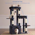 Heybly Heavy Duty Cat Tree with Large Base for Large Indoor Cats HCT026G | Cat Tower with Scratching Posts, Tall Cat Condo House , Multi-Level Plush Furniture with Hammock & Toy Balls, Smoky Gray