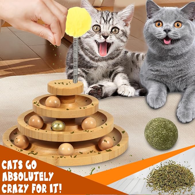DoogCat Cat Ball Track - 3-Level Cat Ball Tower with 9 Removable Balls for Interactive Play and Mental, Physical Exercise - Large Size