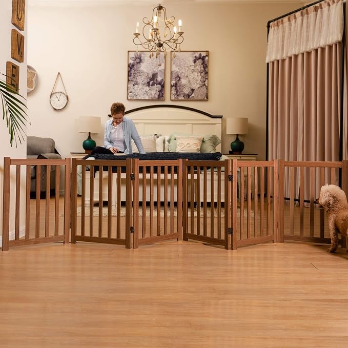 LZRS Extra-Wide Freestanding Wooden Dog Gate Indoor – 120" W x 24" H Foldable Safety Pet Barrier for Doorways, Hallways, Kitchens, and Long Staircases, Durable Design fit Small to Medium Dogs, Oak