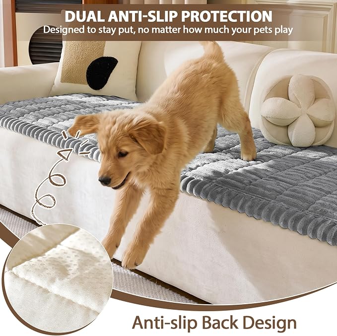 FUANGUI 2 Pack Waterproof Couch Cover for Dogs Pets Sofa Protector | Non-Slip Washable Fuzzy Soft Sofa Slipcover for 2 PCS L Shaped Sofa Pet Friendly, 27.6" x 70.9"+27.6" x 82.7", Grey