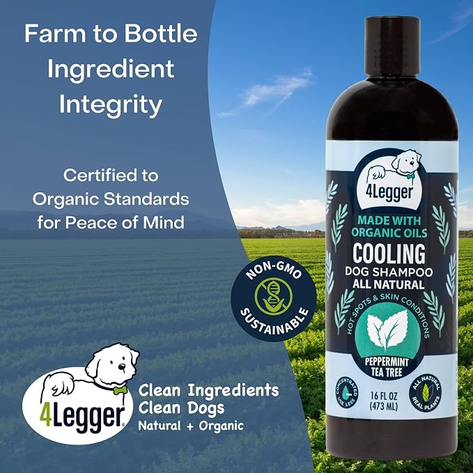 4Legger Organic Dog Shampoo, Cooling Peppermint Tea Tree Dog Shampoo for Skin Conditions and Hot Spot - 16 oz