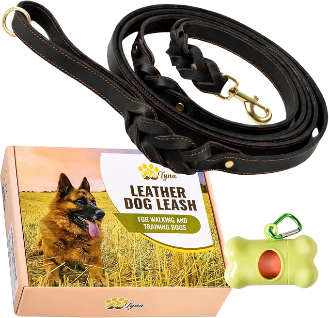 ADITYNA 6ft Leather Dog Leash with Traffic Handle for Extra-Large Dogs | Heavy-duty braided leather leash, 1" width x 6ft, Double handle for extra control, ideal for training & busy sidewalks.