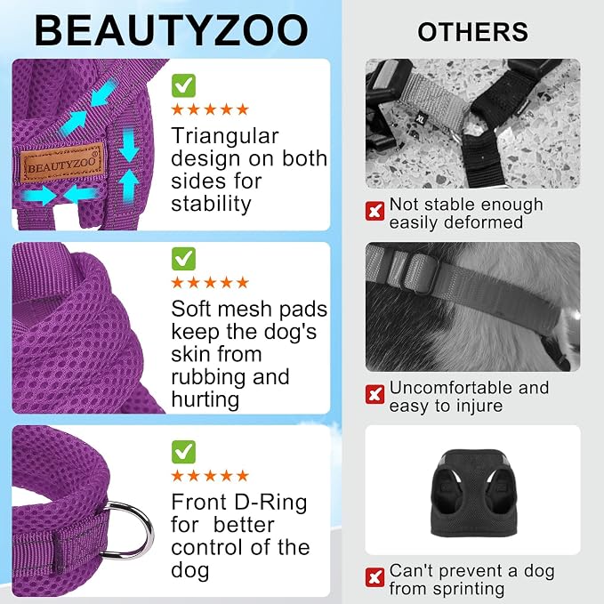BEAUTYZOO Dog Harness for Large Dogs, No Pull Dog Harness and Leash Set, Soft Escape Proof Puppy Vest Harness with Handle, Reflective Lightweight Step in Harness for Girl Boy Dogs, Purple L