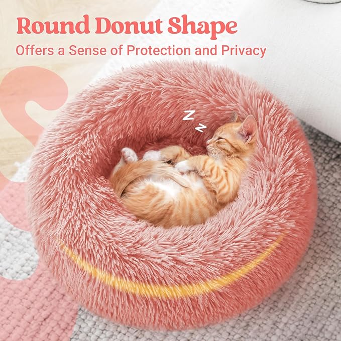 rabbitgoo Calming Cat Beds for Indoor Cats, 20 inches, Pink | Soft Warm Donut, Fluffy Faux Fur, Supportive Raised Rim, Anti-slip, Machine Washable, Up to 15lbs Kittens & Small Cats