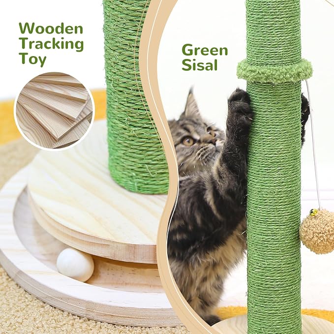 Globlzer 30in Cactus Cat Scratching Post for Indoor Cats, SC30, Green | Stable Cat Scratcher for Kitten Adult Cats, Durable Sisal Rope, Interactive Solid Wood Ball Game, Dangling Ball Toy