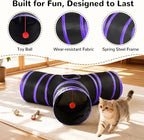 Tempcore Cat Tunnel for Indoor Cats, 3 Way Collapsible Pet Play Tunnel with Teaser Wand, Peek Holes & Hanging Ball, Interactive Tube for Kittens & Rabbits, Black & Purple
