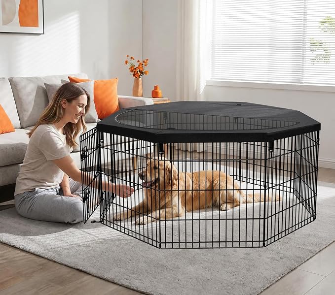 PETIME Foldable Metal Dog Exercise Pen/Pet Puppy Playpen Kennels Yard Fence Indoor/Outdoor 8 Panel 24" W x 36" H with Top Cover