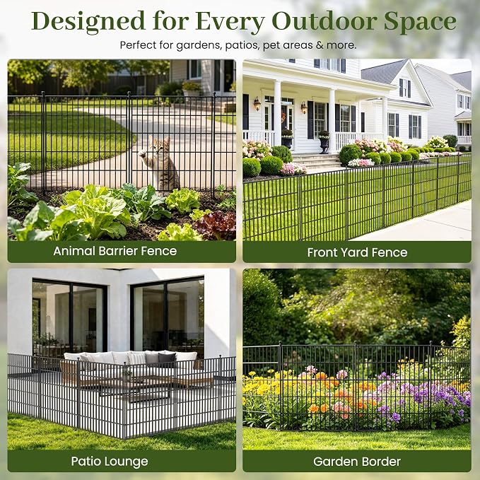 No Dig Garden Fence Outdoor for Yard, 24in (H) x 20ft(L) | 10 Panels with Gate Animal Barrier Fence, Rustproof Metal Temporary Dog Fence, Decorative Fencing for Patio, Flower Bed