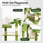 Meecal 77in Large Cat Tower for Heavy Duty Big Cats, Tall Cat Tree with Leaves - Scratching Post, Two Cat Condos, Soft Hammocks, Padded Perches & Dangling Balls, Green