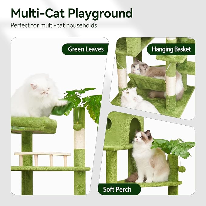 Meecal 77in Large Cat Tower for Heavy Duty Big Cats, Tall Cat Tree with Leaves - Scratching Post, Two Cat Condos, Soft Hammocks, Padded Perches & Dangling Balls, Green