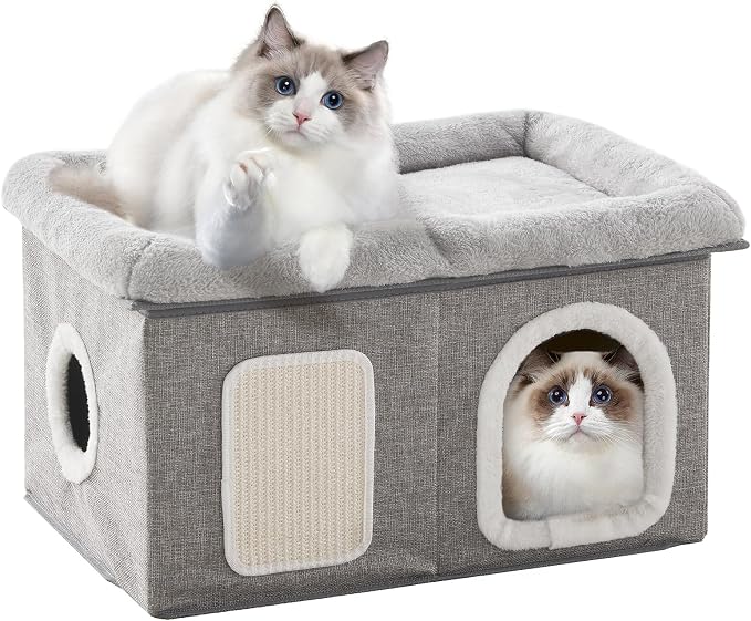 WINDRACING Cat Beds for Indoor Cats - Extra Wide Cats House for Pet and Foldable Kitten Cave Bed with Scratch Pad, Cat Hideaway Condo for Kitten, 25x16.9x14.2 inches, Light Grey