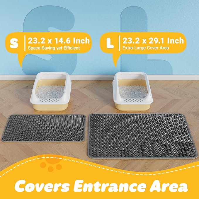 Powools Cat Litter Mat, 23.2 x 14.6 in, Waterproof, Non-Slip, Dark Gray | Litter Trapping Mat, Easy to Clean, Litter Box Mat, Urine-Proof, Cat Toilet Training Systems Accessories, Indoor Cats