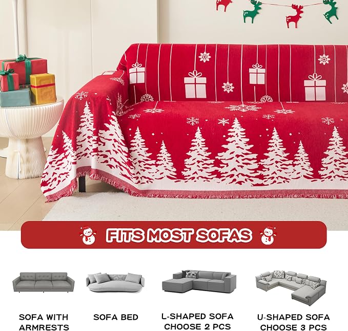 Christmas Couch Cover for Sectional Sofa, Chenille Loveseat Red Sofa Covers Washable for Pet Friendly Cedar Decorative Couch Covers, 71" x 102"