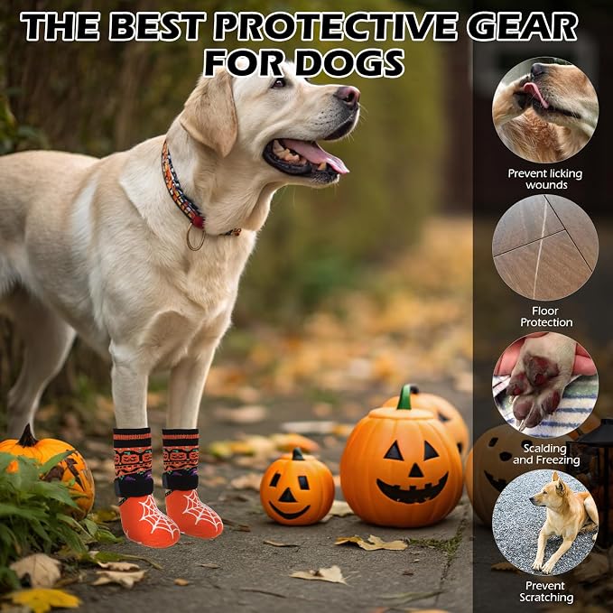 EXPAWLORER Halloween Anti Slip Dog Socks to Prevent Licking Paws, Boots & Paw Protectors with Spider Web Grippers,Doggie Booties for Hardwood Floors for Small Medium Large Senior Dogs Orange Pumpkin S