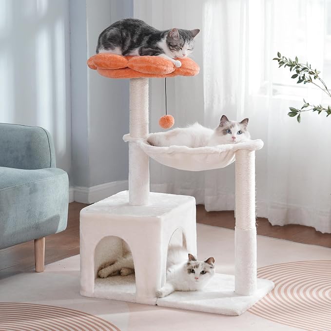 Flower Cat Tree 34" Scratching Post Small Cat Tower for Large Cats,Featuring with 15.7”Large Hammock, Removable Top Bed and Wide Condo for Indoor Cats-Beige | Cute Cat Tower with 15.7” Hammock, Spacious Cat House,34” Scratching Post,Removable Flower Be...