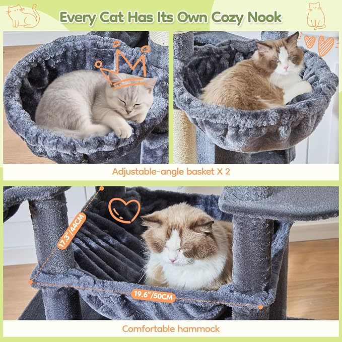 Taoqimiao 72 in Cat Tree, XXL Cat Tower for Indoor Cats Large Adult 25Lbs+ | Extra-Large Platform, 2 Cat Houses, 7 Scratching Post, Extra-Sized Durable Hammock, Cozy Basket, Smoky Gray, F20G