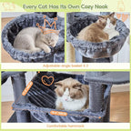 Taoqimiao 72 in Cat Tree, XXL Cat Tower for Indoor Cats Large Adult 25Lbs+ | Extra-Large Platform, 2 Cat Houses, 7 Scratching Post, Extra-Sized Durable Hammock, Cozy Basket, Smoky Gray, F20G