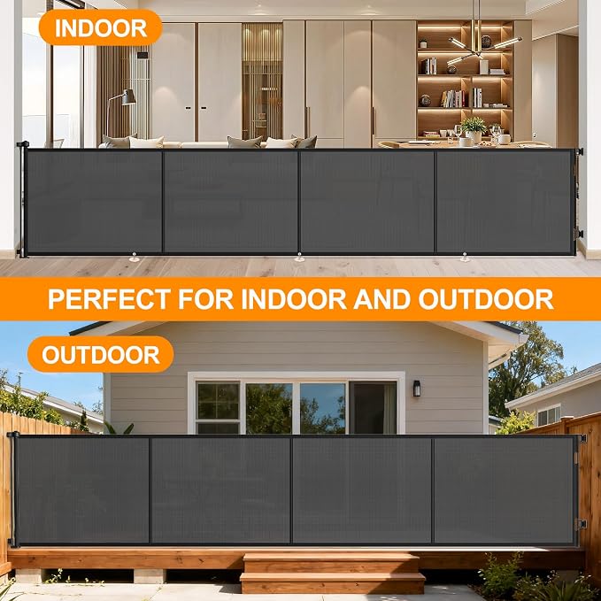 EZIGO 196 Inch Retractable Baby Gates, 41 Inch Extra Tall Retractable Gate | Reinforced Retractable Dog Gate with Rods, 16.3FT Extra Long Mesh Pet Gate for Stairs Hallways Doorway Indoor Outdoor, Black