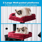 Hey-brother Cat Tree Tower with Sisal Scratching Posts, Big Condo, MPJ020BR | 53.7 Inches Multi-Level Cat House with 2 Bigger Plush Condos, 2 Platforms, Hammock, Toy Balls for Indoor Cats, Black and Red