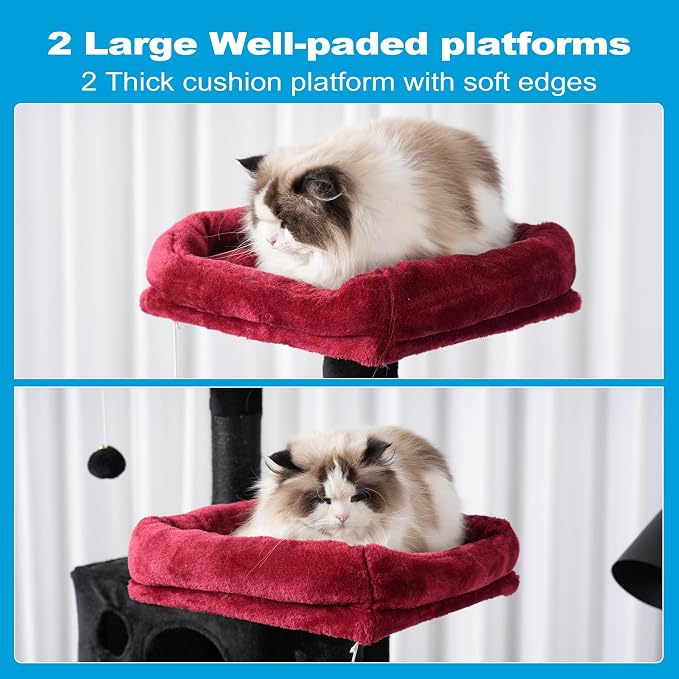 Hey-brother Cat Tree Tower with Sisal Scratching Posts, Big Condo, MPJ020BR | 53.7 Inches Multi-Level Cat House with 2 Bigger Plush Condos, 2 Platforms, Hammock, Toy Balls for Indoor Cats, Black and Red