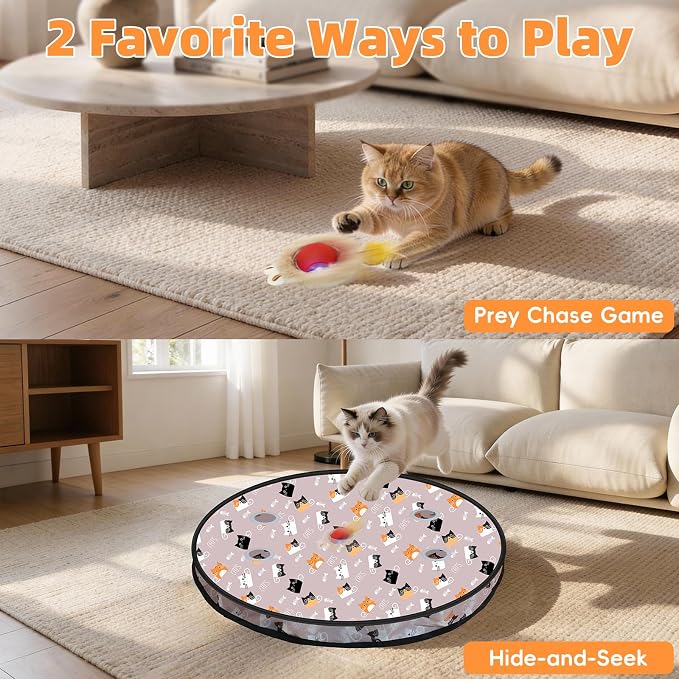 Interactive Cat Toy for Indoor Cats-Hide and Seek Cat Toy with 5-Holes Mat,Automatic Cat Toy Ball with Mouse Squeak in Pouch,Rechargeable Kitten Toy,Motion Activated Ball