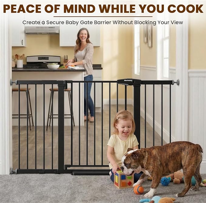 Mumeasy 29.7-57" Extra Wide Baby Gate for Doorways, Auto Close Dog Gate Indoor for Stairs, No-Drill Pressure Mounted Pet Gate with Door, Easy Walk Thru Long&Large Safety Gate for House, Outdoor, Black