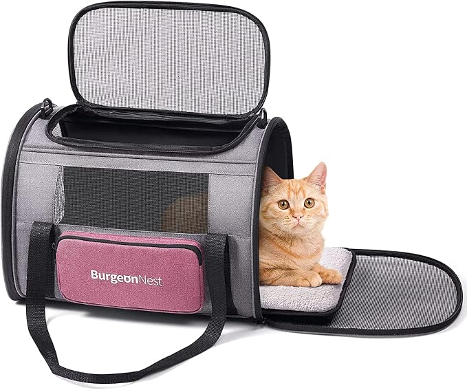 BurgeonNest Cat Carriers for Medium Puppy Under 25 lbs, Pet Carrier for Cats with Unique Side Bag,Top Load Small Pet Bag Soft-Sided Escape Proof with 4 Ventilated Windows | Soft sided pink cat carrier with mesh windows, ventilation and storage pocket f...