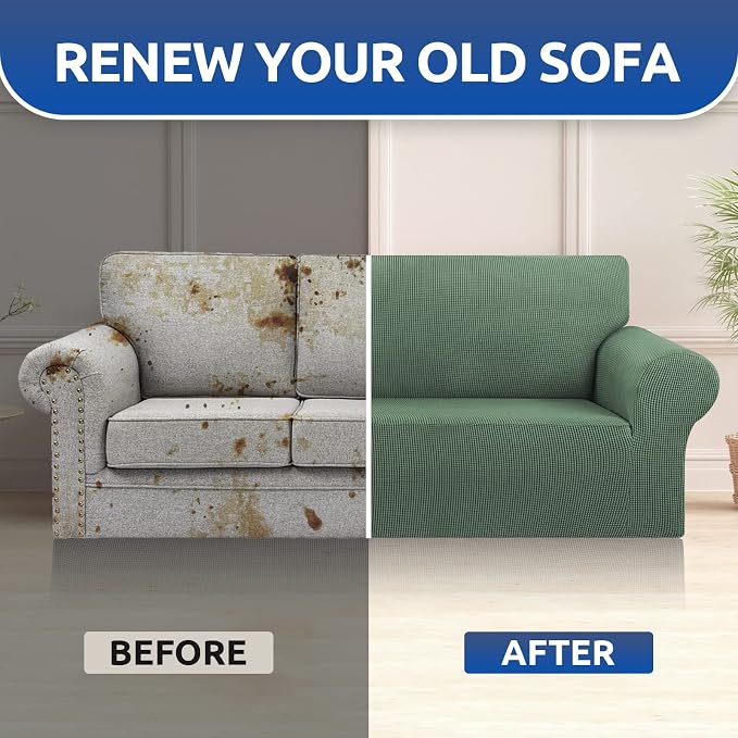 Stretch Couch Covers for Sofa, 3 Cushion Slipcover,Greyish Green | 1-Piece Washable Sofa Cover Pet Friendly(78"-94") Furniture Protector Soft Jacquard, Elastic Bottom for Dogs & Kids