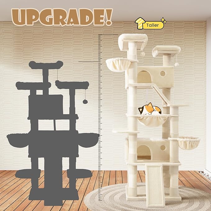 SHA CERLIN 81in Multi-Level Tall Cat Tree Tower for Indoor Kitties/Larger Cat Condo Furniture with Hammock/Cozy Pussycat Perches/Sisal Scratching Posts/Pet House/Wide Base/Beige