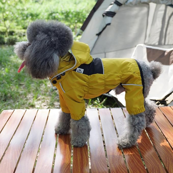 LOVELONGLONG Waterproof Dog Raincoat with Removable Hood – Outdoor Full Body Dog Jacket, Windproof Snowproof Shell Suit – All Season Pet Rain Gear Mustard Yellow XXS