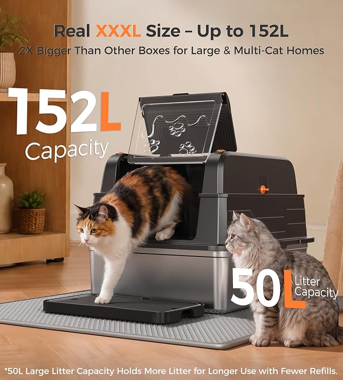 CATLIKE XXXL Stainless Steel Cat Litter Box - 3-Layer Urine Leak-Proof, Enclosed Design w/Charcoal Filter for Maine Coon & Multi-Cat Homes, Includes Metal Scoop & Extra Large Mat (2026 Upgrade)