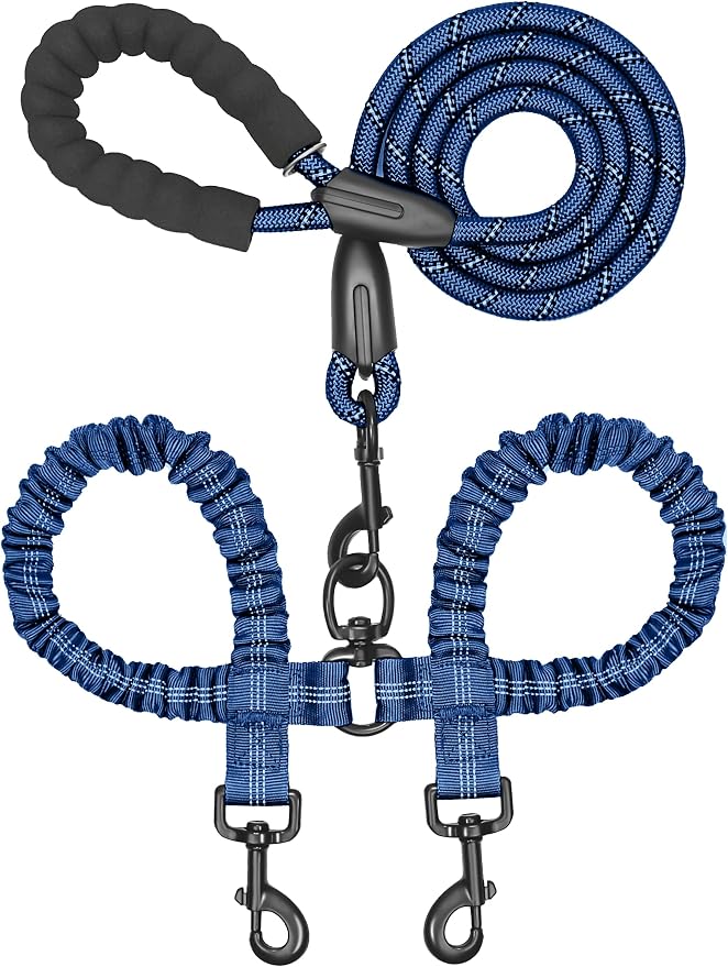 iYoShop Dual Dog Leash - 360° Swivel, No Tangle Walking Leash with Shock Absorbing Bungee for Two Dogs (Large, 25-150 lbs, True Navy)