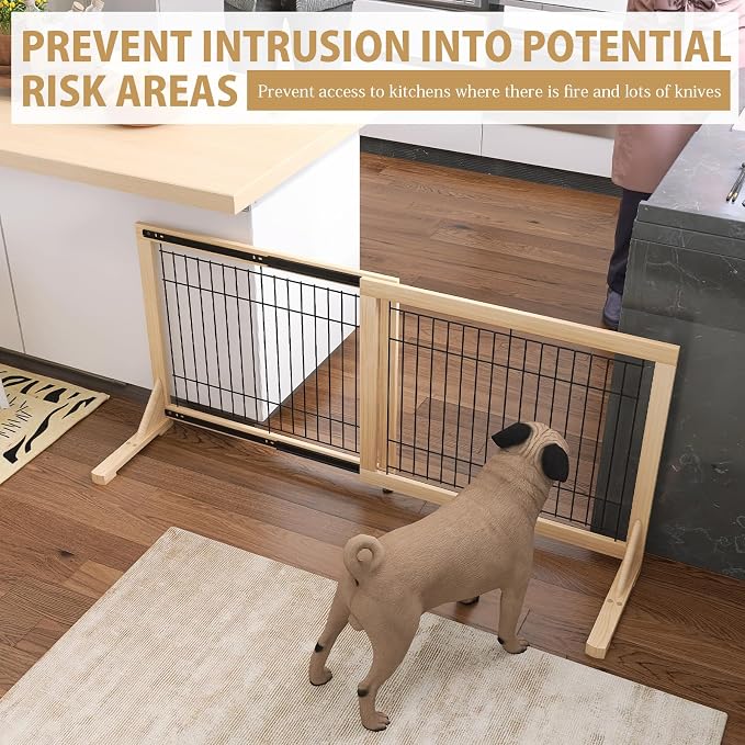 YOCAN Extra Wide Adjustable Dog Gate for Doorways & Stairs, 19.7" Tall, 31.5–61" Wide, Freestanding Pet Safety Gate with Wood & Metal Frame, No Drill Pressure Mount, Indoor Barrier (Black/Natural)