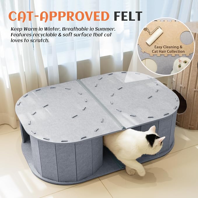 PETKARAY Large Felt Cat Tunnel, Double S-Shaped Hideaway for Indoor Cats, Interactive Cat Bed Cave and Hideout, 34x22.8x10.2 inches Grey