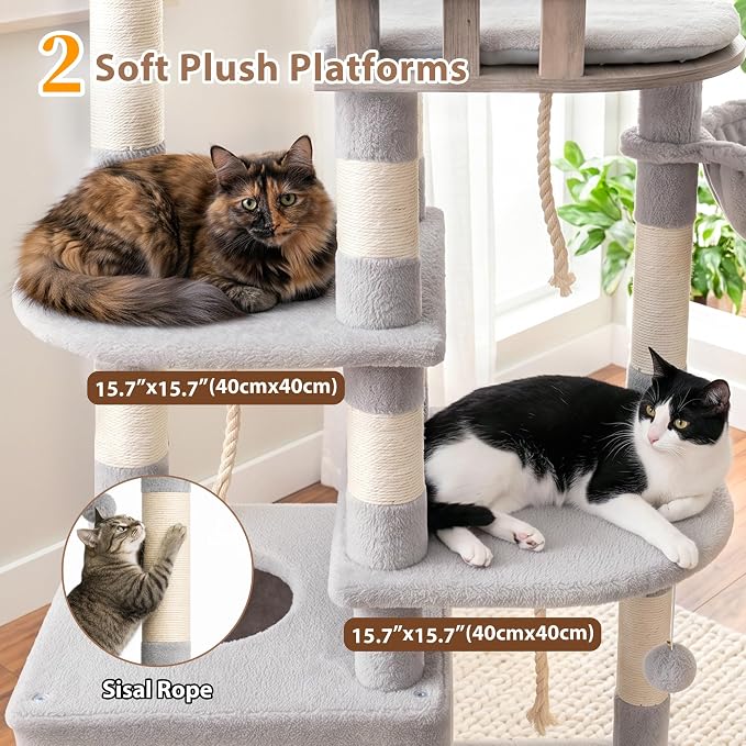Gitelsnour Sturdy Cat Tree Tower with 2 Large Condos, 4 Big Perchs GCT039W | 74.8" Sturdy Cat Furniture for Indoor Cats Large Adult with 2 Cozy Cat Baskets, Sisal Scratching Posts & Toys, Light Gray