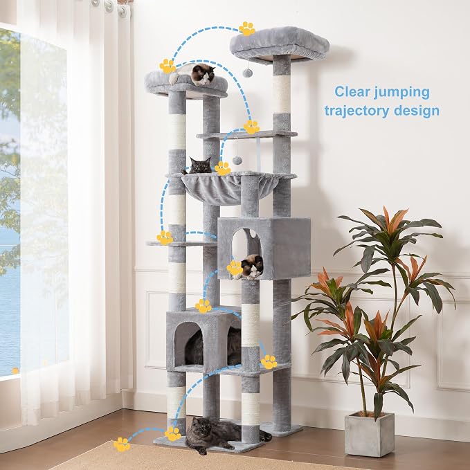 Hey-brother Cat Tree Tower with Multi-Level Duty Scratching Posts, 0MPJ039W | 80.7 Inches XL Cat Furniture with Large Platforms, Cozy Condos, Big Hammock, Toy Balls for Indoor Adult Cats, Light Gray