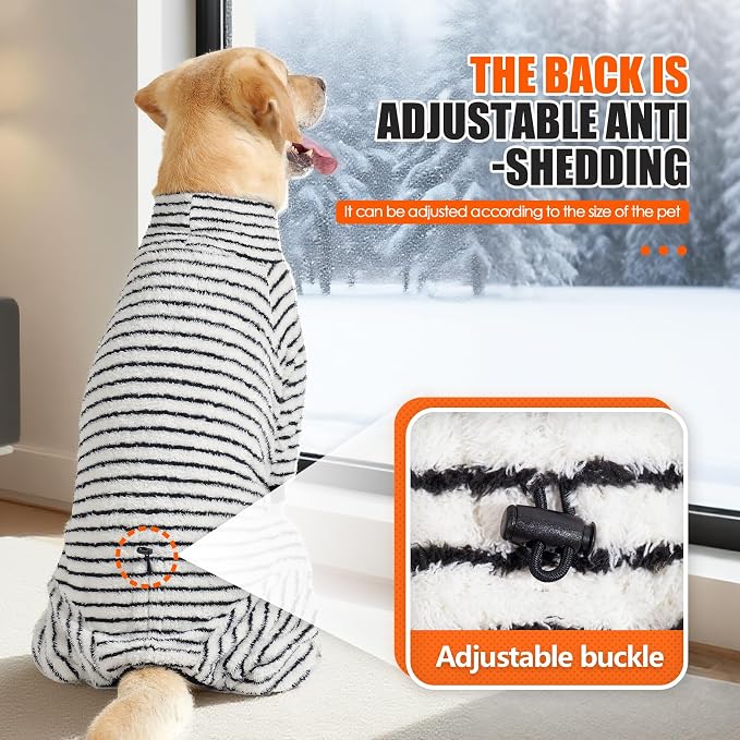 Dog Fleece Pajamas Large Dog 4 Legs Winter Clothes for Dog Fit Warm Jumpsuit for Dogs (Striped Black, Large)