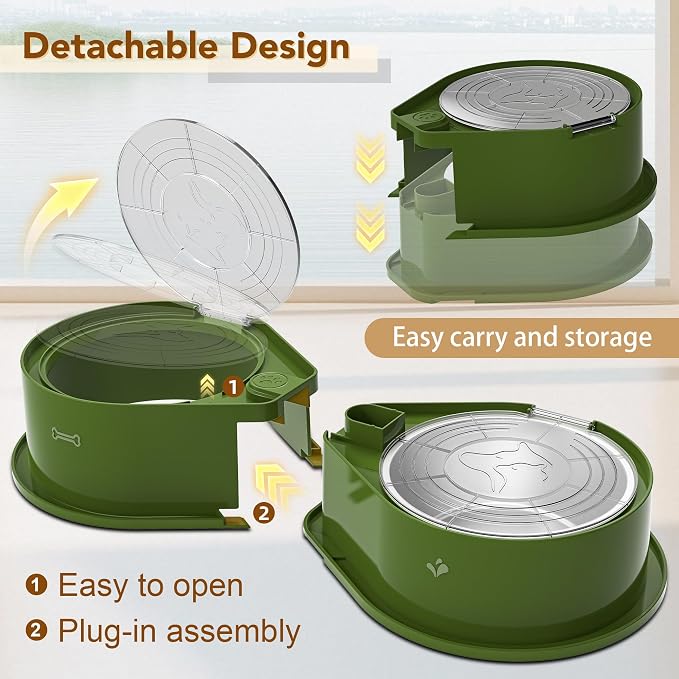 Newget 304 Stainless Steel Dog Bowl Set with Lids, 24oz Foldable Pet Dishes | Dual Food & Water Pet Bowl, Anti-Skid, Keeps Food Fresh, Easy to Install, for Small - Large Dogs/Cats - Indoor & Outdoor Use