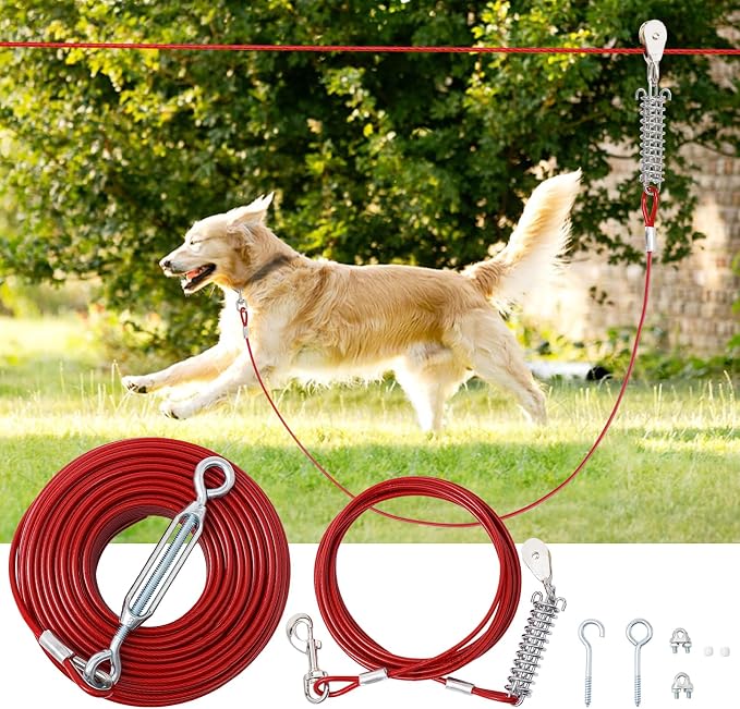 Dog Runner for Yard, Trolley System, 150FT+10FT, Red | Chew-resistant Cable, Shock Spring Softens Pulls, 360° Swivel Reduce Tangles