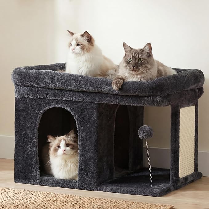 Heybly Cat Tree, 14" Cat Tower with Large Cat Bed & Condo HCT203SG | Cat Furniture for Indoor Cats Large Adult, Cat House with Scratching Posts and Spring Balls for Kittens, Smoky Gray