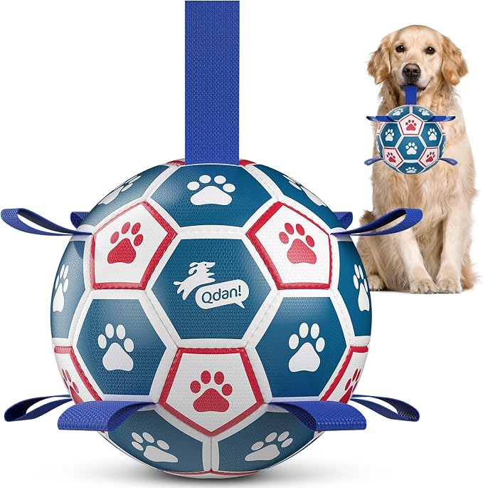 QDAN Large Dog Toys, 8 Inch Durable Balls for Dogs, Soccer Ball with Straps | Outdoor Herding Balls for 30-90 lbs Aggressive Chewers, Interactive Soccer Toy for Tug of War, Dog Ball to Keep Them Busy