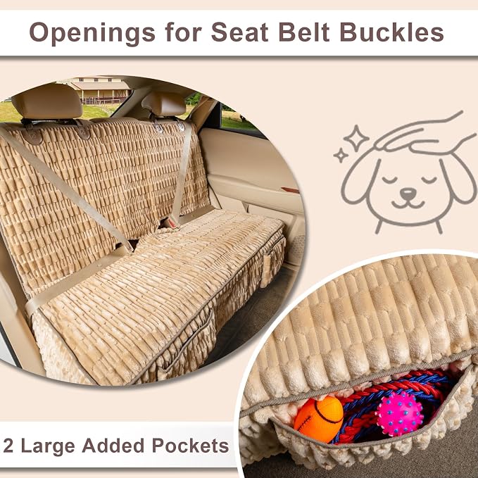 Dog Car Seat Cover, Soft Plush Waterproof Back Seat Protector, Tan | Non-Slip Backing, Full Bench Coverage, Hair, Dirt & Scratch Defense, Machine Washable, Fits Cars, SUVs & Trucks