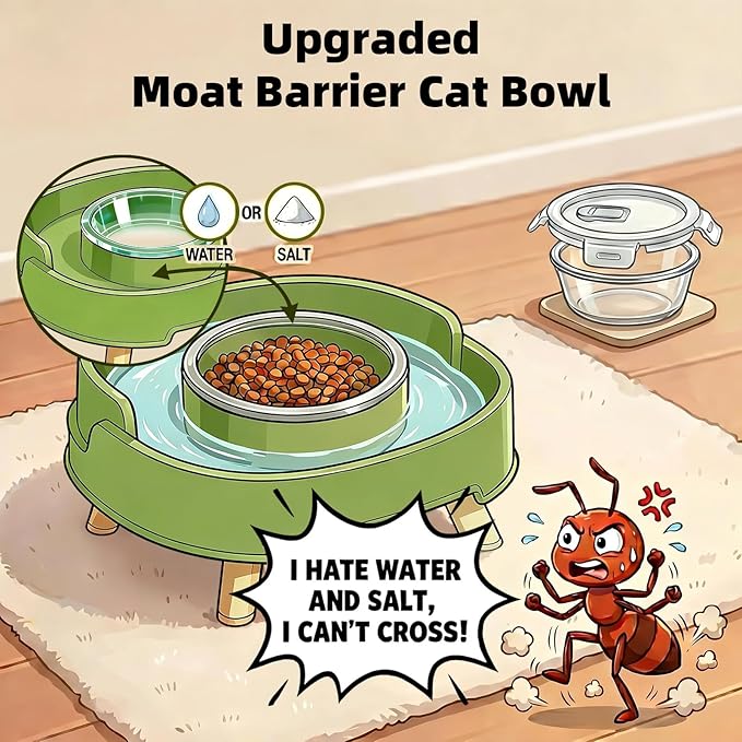 2 Pack Ant Not Cross Elevated Cat Bowls Mess Proof-4 Food Grade Glass Bowls & 2 Lids- No Spill Cat Food and Water Feeding Station for Cats&Puppy Indoor & Outdoor,No Whisker Fatigue Dish,Green