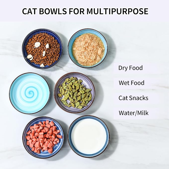 Selamica Ceramic Cat Food Bowl, 5.6 Inch Wide Shallow Cat Bowls/Dishes for Food and Water, Whisker Friendly, Set of 6, Gradient Blue
