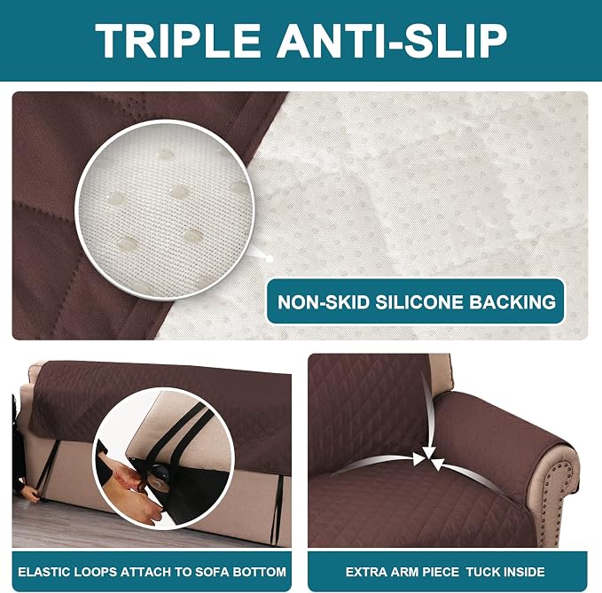 Turquoize 100% Waterproof Couch Cover Sofa Covers Washable Couch Covers for 3 Cushion Couch Pet Friendly Triple Non-Slip Couch Cover for Dogs Furniture Covers for Pets, Kids,Dog (Sofa 70", Brown)
